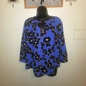 Adrienne Vittadini Blue Floral 3/4 Sleeve Blouse Flowy M Flowy and Bright NWT